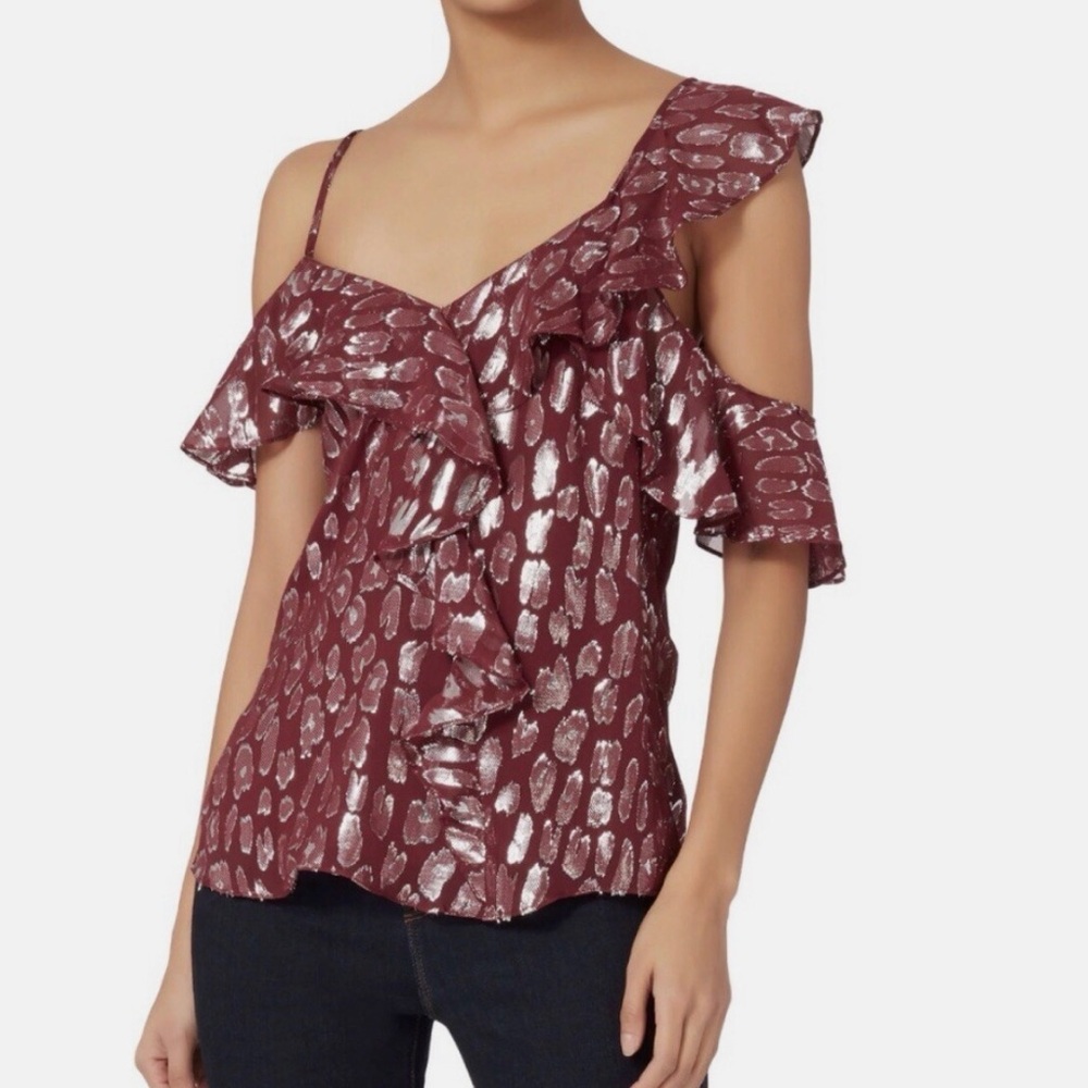 NWT Veronica‎ Beard Benton Ruffle Blouse in Red Silver Size 0